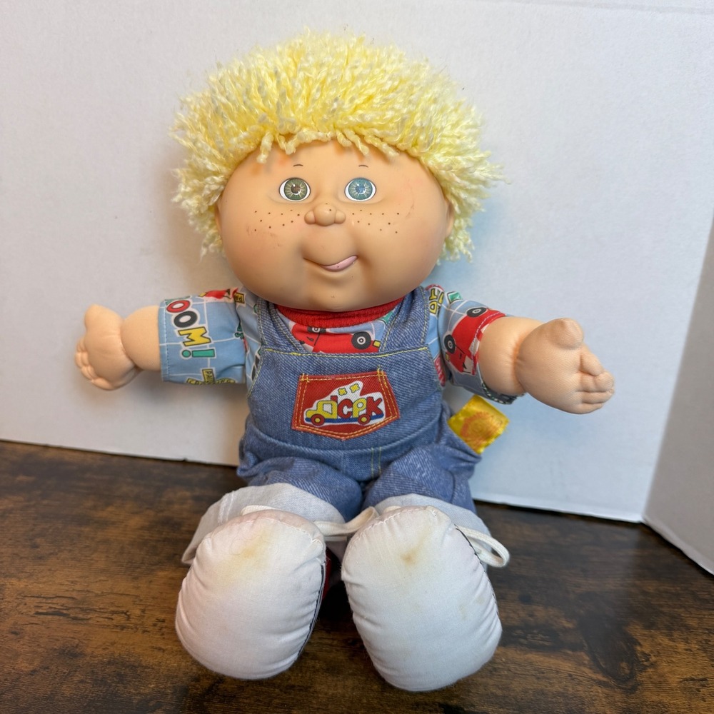 Cabbage Patch Kids Toddler Doll Boy 14" Blonde Yarn Hair Denim Overalls Vintage
